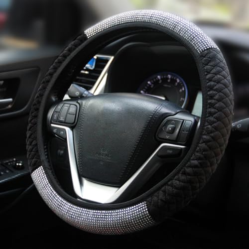 Diamond Car Steering Wheel Cover,Crystal Rhinestone Steering Cover Universal Fit 15 inch Car Steering Wheel Protector for Women & Girl (Silver Black) - color: Half Silver