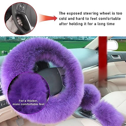 3PCS Wool Steering Wheel Cover with Fuzzy Handbrake Cover & Gear Shift Cover, Universal 15 Inch Steering Wheel Fluffy Soft Protector, Comforting Warm Car Decoration for Women Men (Purple) - style: Purple