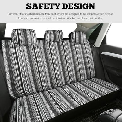 9PCS Baja Saddle Blanket Car Seat Covers, Front Set Breathable Washable Seat Covers with Seatbelt Pad, Striped Woven Cloth Airbag Compatible Seats Protector for Most Vehicles (Black White Thin) - color: Black White Thin