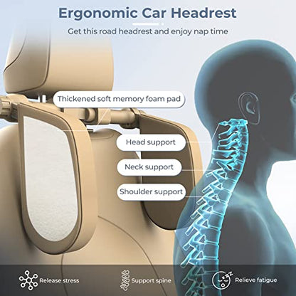Adjustable Car Headrest Pillow, Road Pal Headrest, U-Shaped Travel Sleeping Pillow for Kids & Adults, Head Neck Support Only Suitable for Car Seat Headrest with Poles, Khaki - color: Khaki