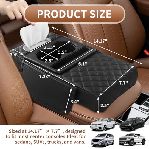 5-in-1 Universal Car Center Console Cover with Cup Holder, Upgrade Armrest Cushion for Car with Side Storage, PVC Leather Armrest Cover Pad with Phone Slot & Tissue Holder, Black - color: Black