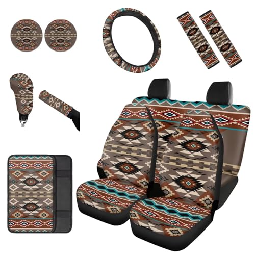 Dreaweet Geometric Aztec Car Seat Covers Full Set Southwestern Native American Seat Covers with Steering Wheel Cover,Center Console Cover,Seat Belt Pads,Coasters,Gear Shift & Handbrake Cover,12 Pcs - color: Geometric Aztec