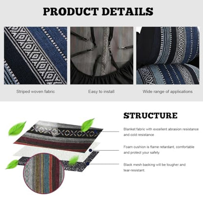 4PCS Baja Saddle Blanket Car Seat Covers, Front Set Breathable Washable Seat Covers with Seatbelt Pad, Striped Woven Cloth Airbag Compatible Seats Protector for Most Vehicles (Blue Stripe) - color: Blue Stripe
