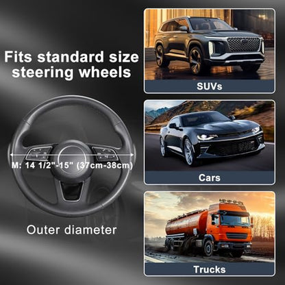 15 inch Microfiber Suede Car Steering Wheel Cover, Universal Anti-Slip Grip Protector for SUV Truck, Black & Grey