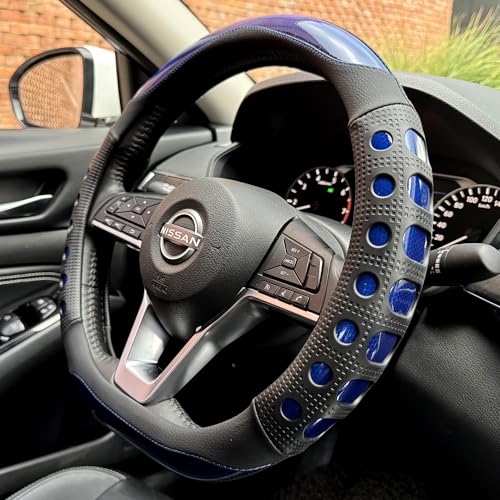 D Shaped Race Grip Steering Wheel Cover, Anti Slip Silicone Perforated Design with Soft Touch Padding, Enhanced Grip for Sporty Driving Flat Bottom 14.5-15 Inch (Racing Blue) - color: 3.Blue, size: D Shaped/Flat Bottom[14 1/2''-15'']