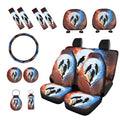 Crow Printed 15 Pcs Car Seat Cover Set, Stretchy Auto Interior Covers Set Front Rear Seat Covers Steering Wheel Protector Seat Belt Pads Lipstick Holder Keychian - color: Brown and Blue-Crow