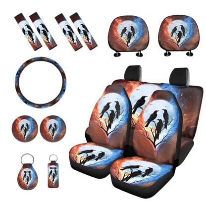 Crow Printed 15 Pcs Car Seat Cover Set, Stretchy Auto Interior Covers Set Front Rear Seat Covers Steering Wheel Protector Seat Belt Pads Lipstick Holder Keychian - color: Brown and Blue-Crow