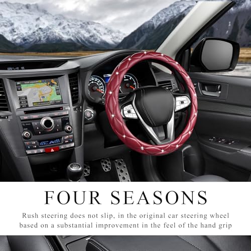 Bling Crystal Steering Wheel Cover, 15 Inch Soft Leather Sparkling Rhinestone Steering Wheel Protector, Universal Anti-Slip Steering Wheel Pad for Women Girls, Car Accessories (Wine Red) - color: Wine Red
