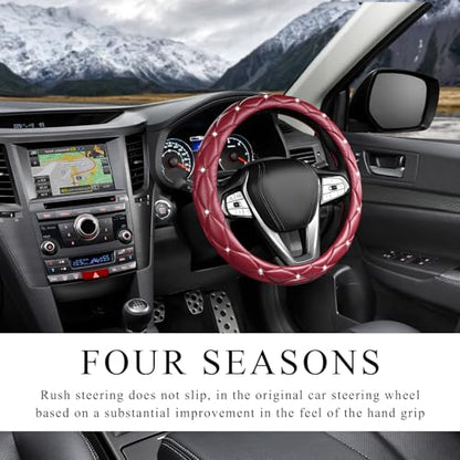 Bling Crystal Steering Wheel Cover, 15 Inch Soft Leather Sparkling Rhinestone Steering Wheel Protector, Universal Anti-Slip Steering Wheel Pad for Women Girls, Car Accessories (Wine Red) - color: Wine Red