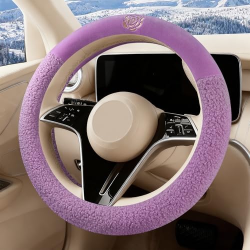 Purple Camellia Lambswool Steering Wheel Cover, for Universal Auto Steering Wheel 14.5-15 in, Lambswool Fabric, Anti-Slip, Soft Plush, Comforting and Luxurious, Embroidery Patterns, Soft Texture - color: Purple