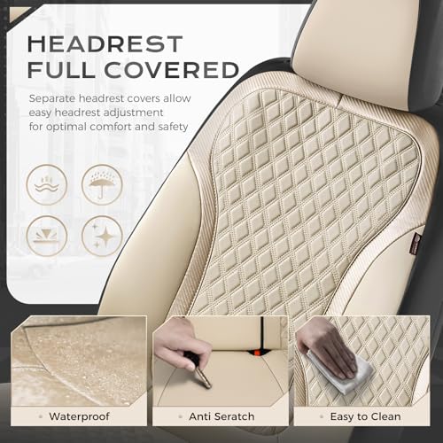 Coverado Car Seat Covers Full Set, Beige Car Seat Covers, Luxury Leather Car Seat Cover with Carbon Fiber Textured Design, Spill-Proof Seat Cushions, Automotive Seat Cover Universal Fit Most Cars - color: Beige, size: Full set