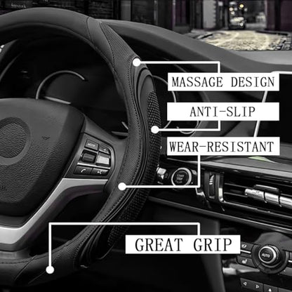 15 Inch Car Leather Steering Wheel Cover, Automotive Accessories Elastic Breathable Anti-Slip Soft Wheel Protector Fits Men and Women, Suitable for SUVs, Trucks, Vehicles and RVs (Black) - color: Black