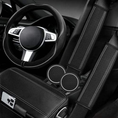 NBTEPEM 6 PCS Car Steering Wheel Cover Set, Microfiber Leather Steering Wheel Covers Universal 14.5-15 inch, Center Console Cover, Seat Belt Cushion, Cup Coaster, Car Accessories Set Black Grey - color: Black with grey, size: Steering Wheel Cover Set