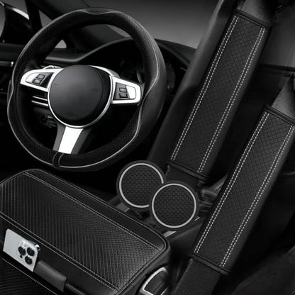NBTEPEM 6 PCS Car Steering Wheel Cover Set, Microfiber Leather Steering Wheel Covers Universal 14.5-15 inch, Center Console Cover, Seat Belt Cushion, Cup Coaster, Car Accessories Set Black Grey - color: Black with grey, size: Steering Wheel Cover Set