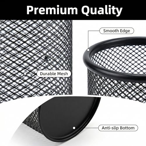 Pen Holder Mesh Pencil Holder Metal Pen Holder Cup Pencil Cup Holder for Desk Office Pen Organizer Black, 4 Pack