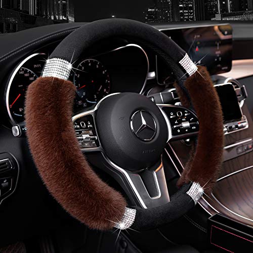 Achiou Rhinestone Fluffy Steering Wheel Cover - Comfortable Non-Slip Luxury Faux Wool, Universal Fit for 14.5" to 15" Steering Wheels - color: Black and Coffee