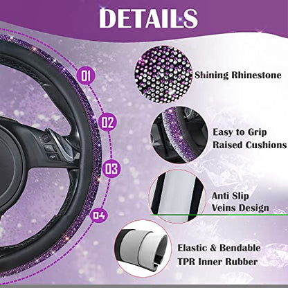 CAR PASS Bling Diamond Leather Steering Wheel Cover, Bling Sparkly Crystal Glitter Rhinestones Universal Fit 14" 1/2-15" Car Wheel Protector for Women Girl Fit Suvs,Vans,Sedans,Trucks, Purple Silver - color: Violet Silver Diamond