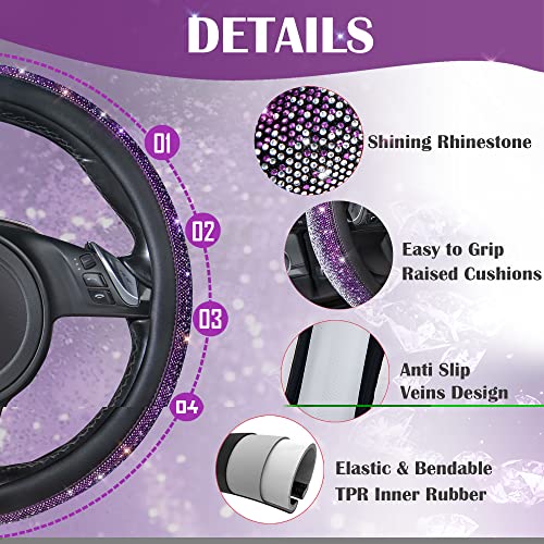 CAR PASS Bling Diamond Leather Steering Wheel Cover, Bling Sparkly Crystal Glitter Rhinestones Universal Fit 14" 1/2-15" Car Wheel Protector for Women Girl Fit Suvs,Vans,Sedans,Trucks, Purple Silver - color: Violet Silver Diamond