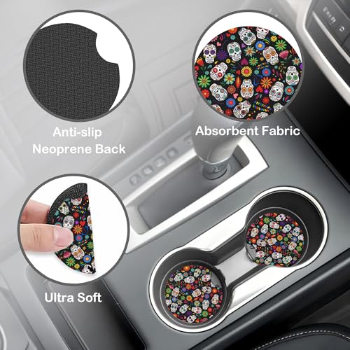Day of The Dead Sugar Skull Steering Wheel Cover with 2 Pcs Car Coasters Neoprene Steering Wheel Cover for Women Men Anti-Slip Breathable Car Accessories Universal 15 Inch Fit Auto Cars Trucks - color: Day of the Dead Sugar Skull