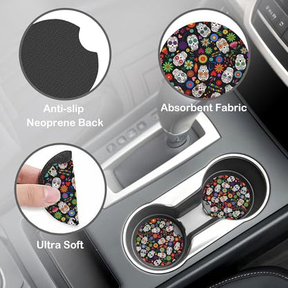 Day of The Dead Sugar Skull Steering Wheel Cover with 2 Pcs Car Coasters Neoprene Steering Wheel Cover for Women Men Anti-Slip Breathable Car Accessories Universal 15 Inch Fit Auto Cars Trucks - color: Day of the Dead Sugar Skull