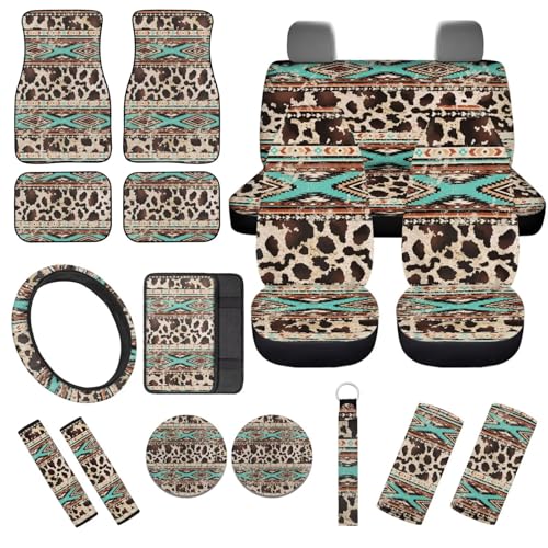 17 Pcs Aztec Cow Print Car Seat Covers Full Set with Floor Mats Steering Wheel Cover Shoulder Pads Armrest Pad Keychain Roof Gloves Cup Coaster Universal - color: Aztec Cow Print