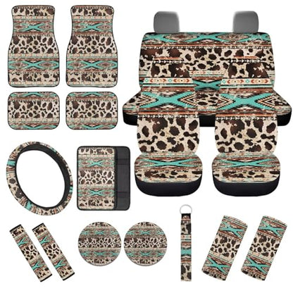 17 Pcs Aztec Cow Print Car Seat Covers Full Set with Floor Mats Steering Wheel Cover Shoulder Pads Armrest Pad Keychain Roof Gloves Cup Coaster Universal - color: Aztec Cow Print
