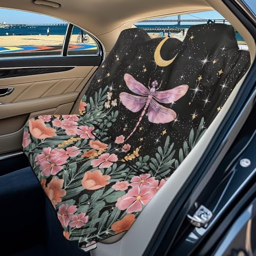 Dragonfly Moon Flower Print Waterproof Rear Split Bench Seat Covers for Rear Seat Cover Only, Sports Car Seat Covers, Spill Resistant Back Seat Cover for Gym Running Swimming - color: Dragonfly Moon Flower