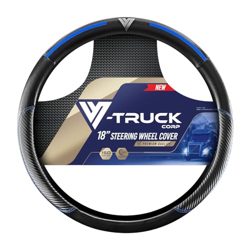 18-Inch Genuine Leather Steering Wheel Cover for Semi Trucks – Black with Blue Stripes, Universal Fit Heavy-Duty Non-Slip Grip, Comfortable Control, Easy Installation - color: Black with Blue Stripes