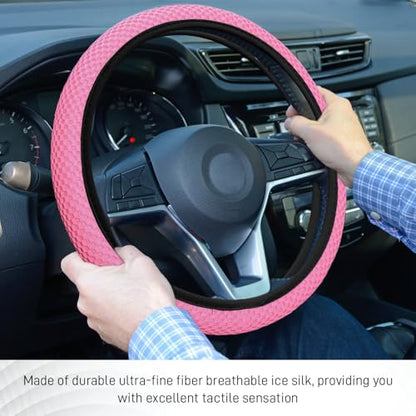 Elastic Stretch Steering Wheel Cover, Steering Wheel Protector, 15 Inch Anti-Slip Breathable Microfiber Ice Silk Protection, Easy Carry, Warm in Winter & Cool in Summer for Cars (Pink) - color: Pink