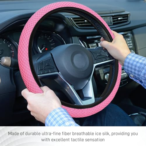 Elastic Stretch Steering Wheel Cover, Steering Wheel Protector, 15 Inch Anti-Slip Breathable Microfiber Ice Silk Protection, Easy Carry, Warm in Winter & Cool in Summer for Cars (Pink) - color: Pink