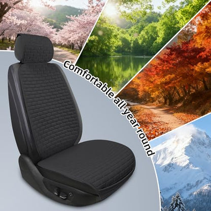 Linen Car Seat Covers Front Seat Covers - 2 PCS Durable & Non-Slip Breathable Cloth Fabric Car Seat Protector, Universal Fit for Most Automotive, Vans, SUVs, Trucks - Black