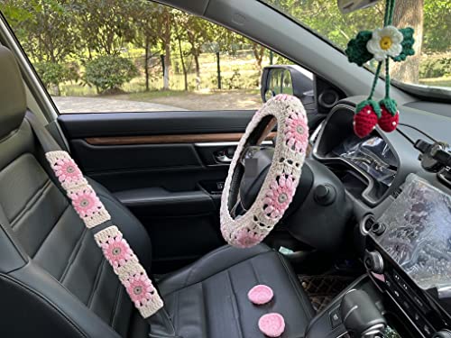 Crochet Sunflower Car Steering Wheel Covers Light Pink Universal 14-15 inch for Women/Men (Wheel Covers+2belt Covers+2Car Coasters+Strawberry) - color: Wheel Covers+2belt Covers+2Car Coasters+Strawberry