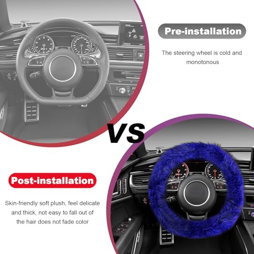 Fluffy Steering Wheel Cover, 15 Inch Anti-Slip Microfiber Plush Fuzzy Steering Wheel Cover, Winter Warm Elastic Fuzzy Steering Wheel Covers for Women and Men, Car Accessories (Blue) - color: Blue
