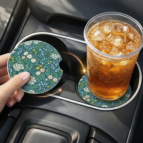 Ceramic Car Coasters, 2 Pack, 2.64" Absorbent Car Cup Holder Coasters, Cute Ceramic Car Coasters for Women, All-Over Floral Pattern - color: All-over Flower