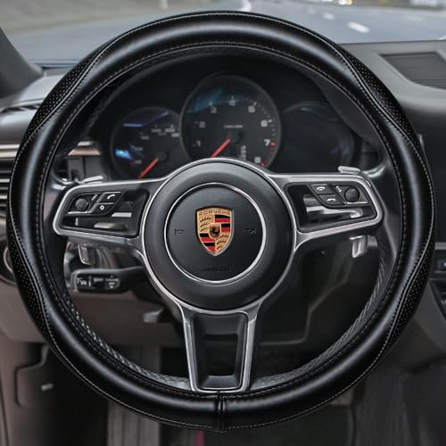 Top Grade Black Genuine Leather Steering Wheel Cover Men Women, Luxury Steering Wheel Cover for Cars, SUVS and Trucks，Universal 14.5-15 inch