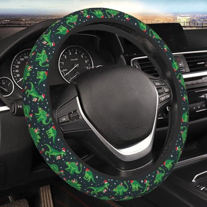 Dinosaur Dino Santa Funny Christmas Car Steering Wheel Cover,Non-Slip Elastic Neoprene-Sweat Car Accessories,Universal 15 Inch Fit Auto, Vans Trucks,Suvs, Truck - color: Dinosaurs