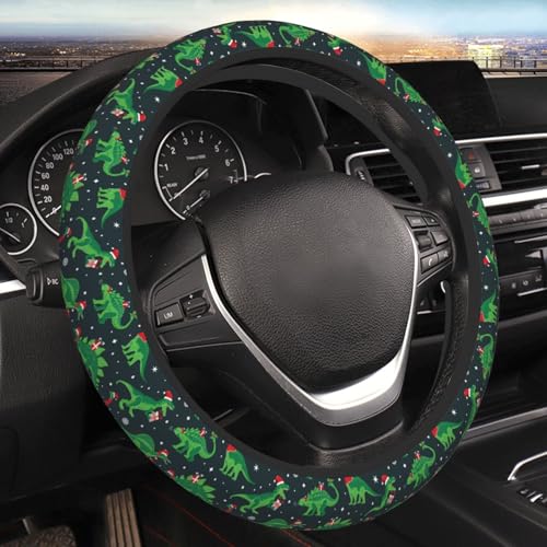 Dinosaur Dino Santa Funny Christmas Car Steering Wheel Cover,Non-Slip Elastic Neoprene-Sweat Car Accessories,Universal 15 Inch Fit Auto, Vans Trucks,Suvs, Truck - color: Dinosaurs