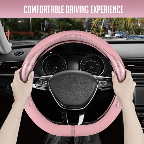 PIC AUTO Steering Wheel Cover, Pink Patterned Leather Patchwork Design, Universal Fit 14.5"–15.5" D-Shape Steering Cover, Soft PU Grain Leather, Durable Grip Car Accessory for Girls & Women - color: Fits D-Shape Pink