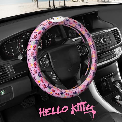 Hello Kitty Steering Wheel Cover, Official Sanrio Car Steering Wheel Cover with Universal Size 14.5-15.5, Cute Steering Wheel Cover for Women, Hello Kitty Car Accessories (Lavender Print) - style: Hello Kitty Lavender Doodle