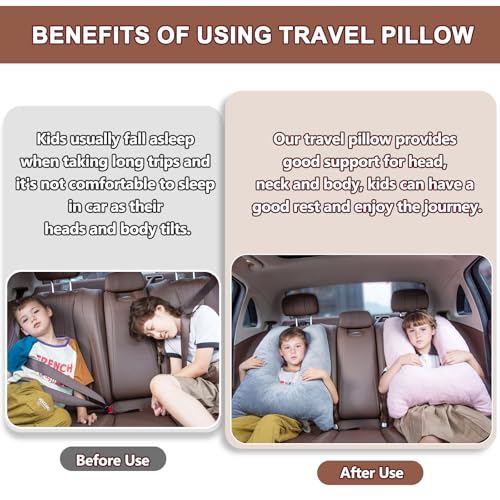Car Pillow for Kids, Memory Foam Travel Pillow for Car and Adults, Kid Travel Pillow for Sleeping on Road Trip, Small Body Pillow for Kids (Grey)