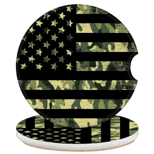 2 Pack Car Coasters for Cup Holders, 2.56" Universal Absorbent Ceramic Stone Car Cup Holder Coasters with Non-Slip Cork Base, Car Accessories for Women Men(Green Camouflage American Flag) - color: Green Camouflage American Flag