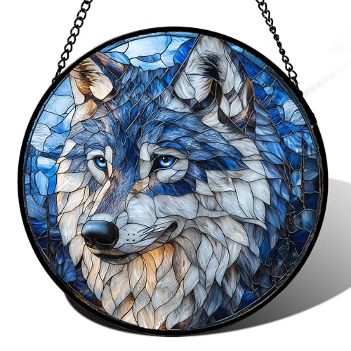 DASTOLL Stained Glass Window Hanging - Funny Wolf Suncatcher Ready to Hang Window Doors Home Decoration and Christmas, Mother's Day Birthday Gifts for Women, Men, and Mom 14.9x14.9 in - color: Blue and White, size: 14.9x14.9 IN
