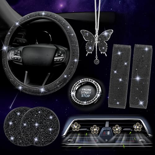 ARTILAURA 11 PCS Bling Car Accessories Set for Women Steering Wheel Covers Butterfly Hanging Seat Belt Cover Air Vent Clips Coasters Cute Glitter Diamond AUTO Accessories Kit (Black) - color: Black