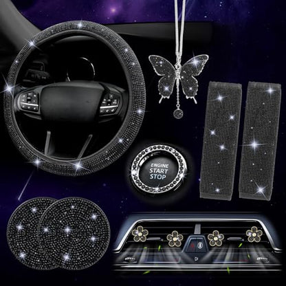 ARTILAURA 11 PCS Bling Car Accessories Set for Women Steering Wheel Covers Butterfly Hanging Seat Belt Cover Air Vent Clips Coasters Cute Glitter Diamond AUTO Accessories Kit (Black) - color: Black