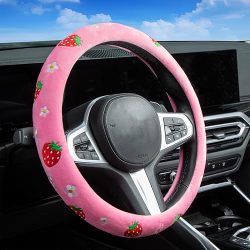 Embroidered Daisies Strawberry Cute Pink Steering Wheel Cover, Auto Anti-Slip Breathable Steering Wheel Protector, Floral Strawberry Car Accessories for Women,Universal Size Fit Most Cars -15 inch - color: Daisy Strawberry Rubber