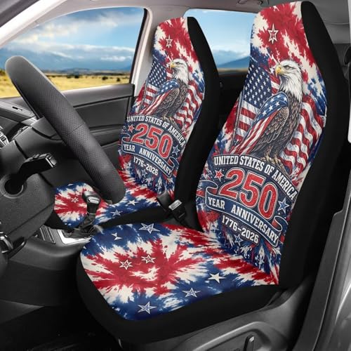American Flag 250th Anniversary Patriotic Car Seat Covers Full Set of 2, Eagle Patriotic Seat for Auto Front Seats, Tie Dye Breathable Car Accessories for Sedan Truck SUV - color: American Flag 250th