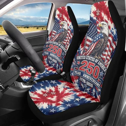 American Flag 250th Anniversary Patriotic Car Seat Covers Full Set of 2, Eagle Patriotic Seat for Auto Front Seats, Tie Dye Breathable Car Accessories for Sedan Truck SUV - color: American Flag 250th