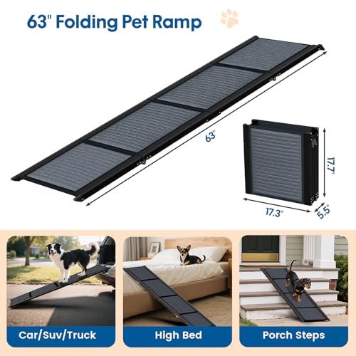 HBTower 63" Long x 17.3" Wide Folding Dog Ramp for Large Dogs Up to 250lbs - Portable Pet Ramp with Non-Slip Surface, Extra Wide Dog Car Ramps for Car, SUV, Truck & High Beds - size: 63" L x 17.3" W