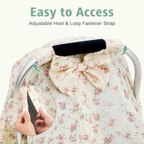 Muslin Baby Car Seat Cover, Handmade Infant Car Seat Cover with Cute Bow & Ruffle Hem Design, Multi-Use Carseat Canopy for Privacy Nursing, Summer Baby Carrier Cover Stroller Sun Protector - color: Flower