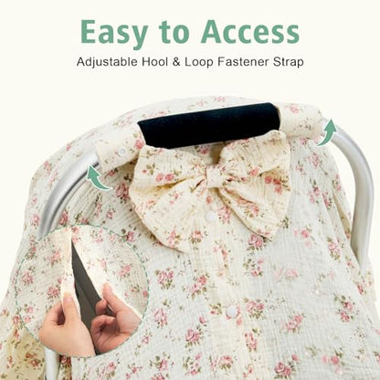 Muslin Baby Car Seat Cover, Handmade Infant Car Seat Cover with Cute Bow & Ruffle Hem Design, Multi-Use Carseat Canopy for Privacy Nursing, Summer Baby Carrier Cover Stroller Sun Protector - color: Flower